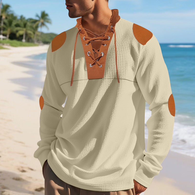 Herren lässiges Langarm-Henley-Shirt mit ausgefallenem Schnürdesign und kontrastrierenden Ellenbogen-Patches R&B