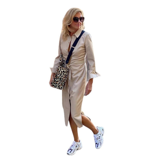 Damen nan figurnahe Hemdblusen-Midikleid mit Taillenbindegürtel, Volantmanschetten und dezenter Frontschlitz R&B
