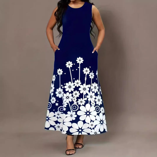 Damen Maxikleid mit floralen Akzenten und seitlichen Eingrifftaschen R&B