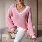 Damen lässiger Pullover mit V-Ausschnitt und dekorativer Knopfleiste R&B