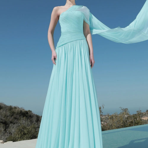 Damen Maxi-Kleid mit asymmetrischem Ausschnitt und fließendem Stoff R&B
