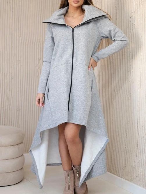 Damen nan asymmetrisches Sweatkleid mit hohem Stehkragen, durchgehendem Reißverschluss und verlängertem Rückensaum R&B