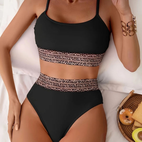 Damen Bikini-Top mit hoch geschnittenem Unterteil und Leopardendruck R&B