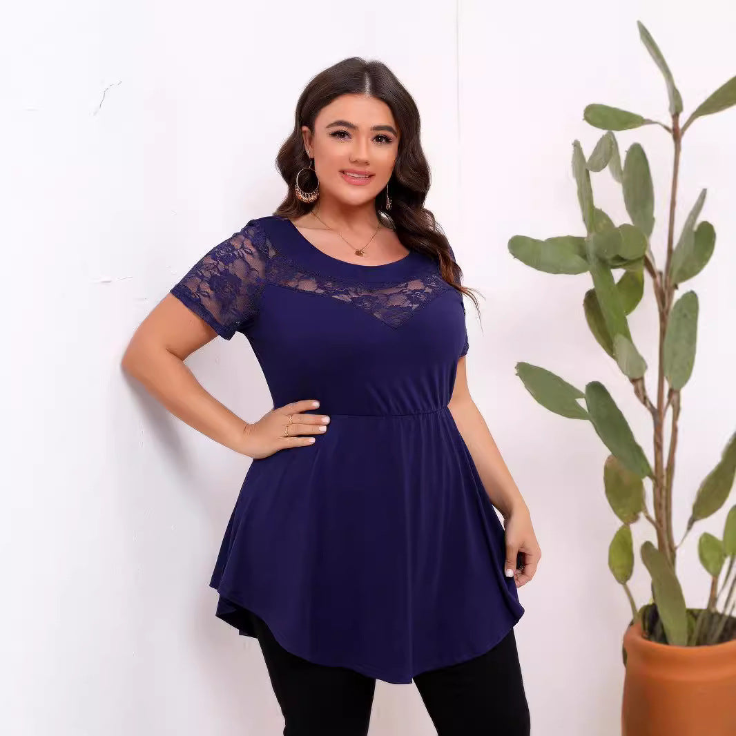 Damen lässiges T-Shirt mit Spitzenärmeln und figurumspielendem Schnitt R&B