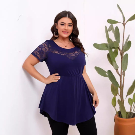Damen lässiges T-Shirt mit Spitzenärmeln und figurumspielendem Schnitt R&B
