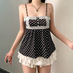Damen Spaghetti-Trägertop mit süßem Spitzenbesatz und Polka-Dots R&B