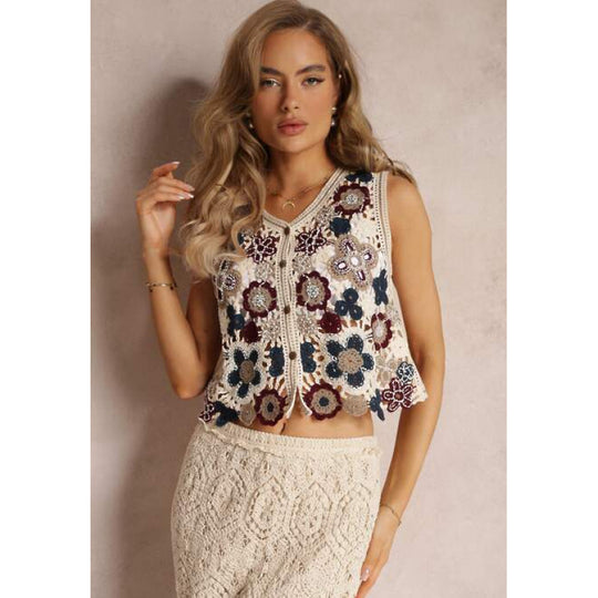 Damen Häkelweste mit floralen Stickereien und offenen Vorderseite R&B