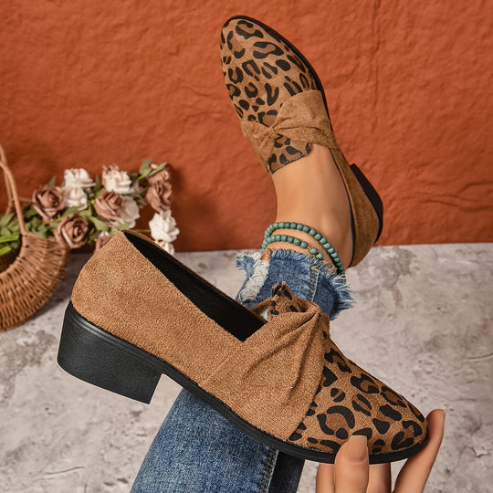 Damen Mokassin-Pantoletten mit modischem Leoparden-Print und dekorativem Schleifen-Detail R&B