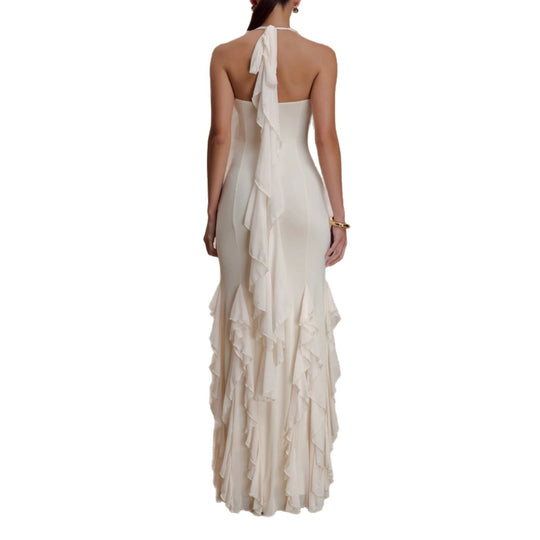 Damen Elegantes Langarm-Maxikleid mit Rüschendetails R&B