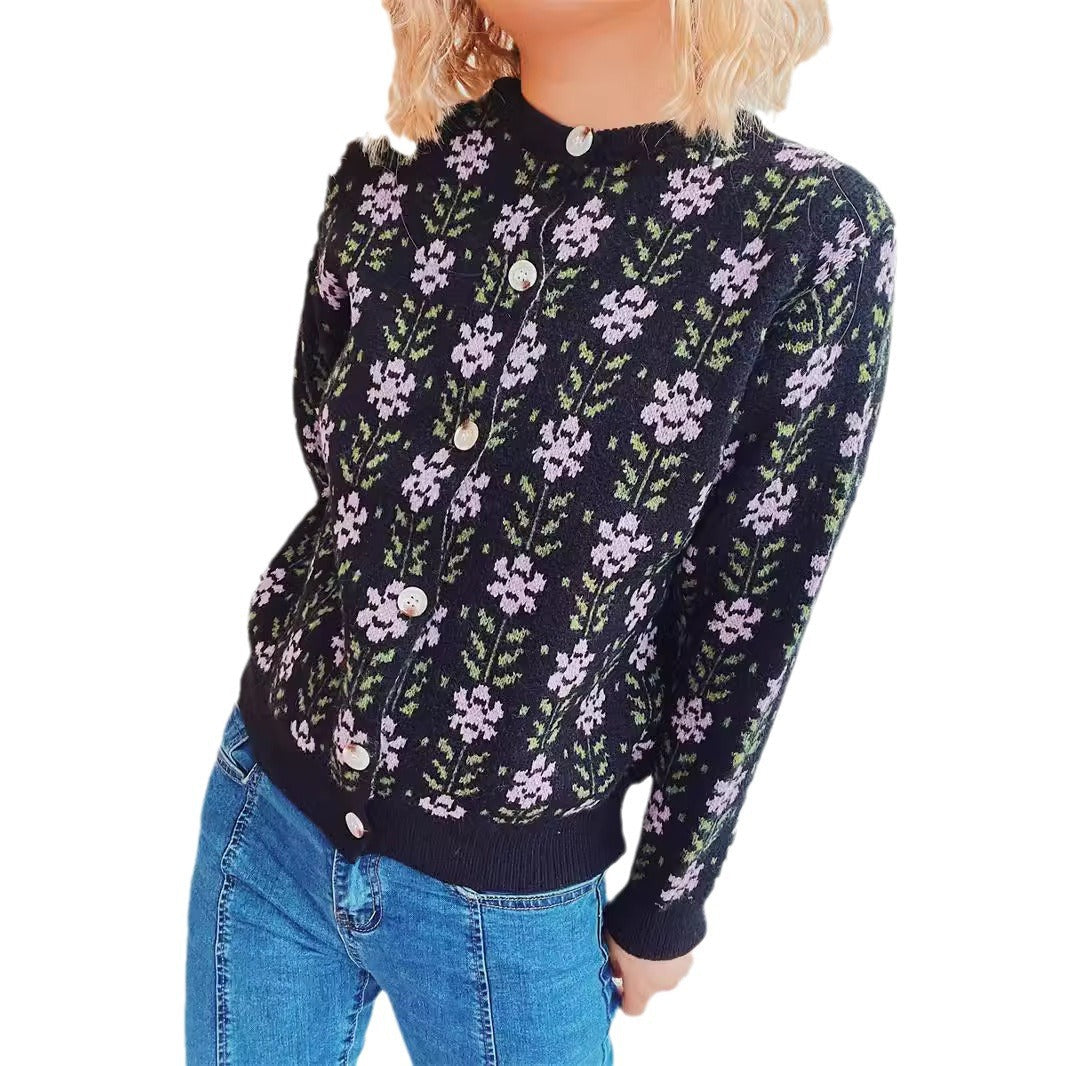 Damen Strickjacke mit floralem Muster und durchgehender Knopfleiste R&B