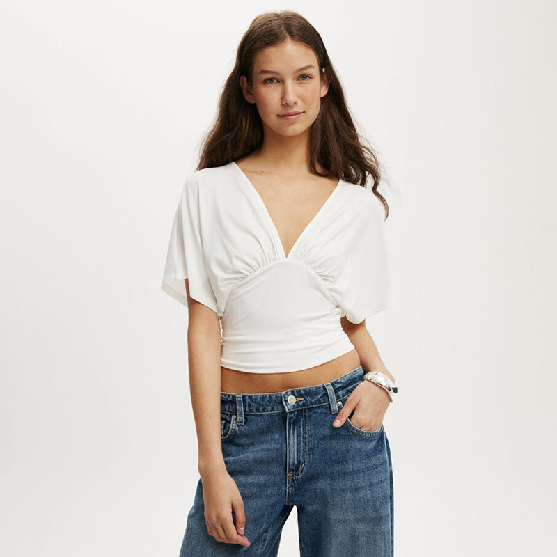 Damen elegantes Wickeloberteil mit voluminösenÄrmeln und tiefem V-Ausschnitt R&B