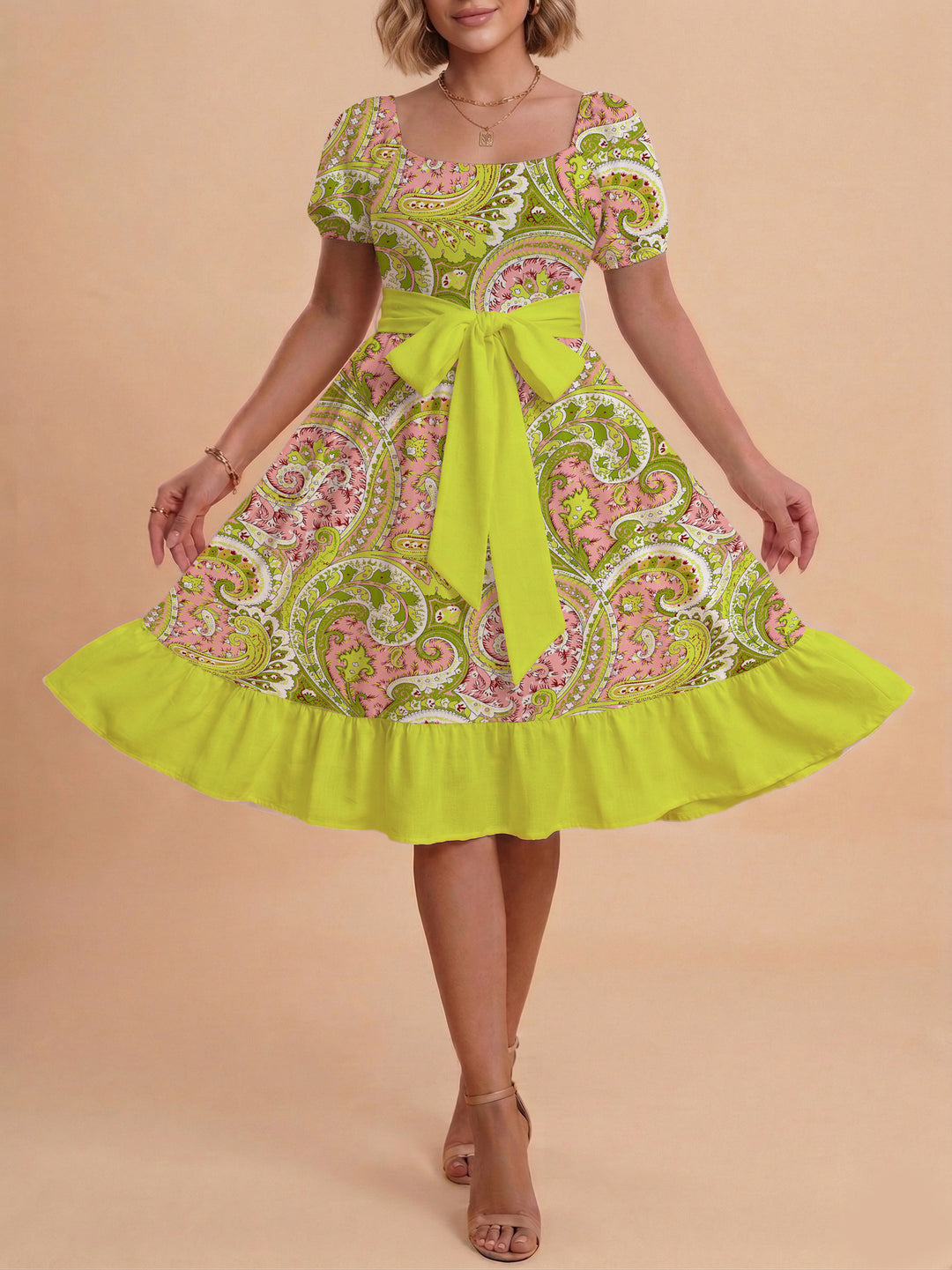 Damen modernes Blumenkleid mit elegantem Taillengürtel und asymmetrischem Saum R&B