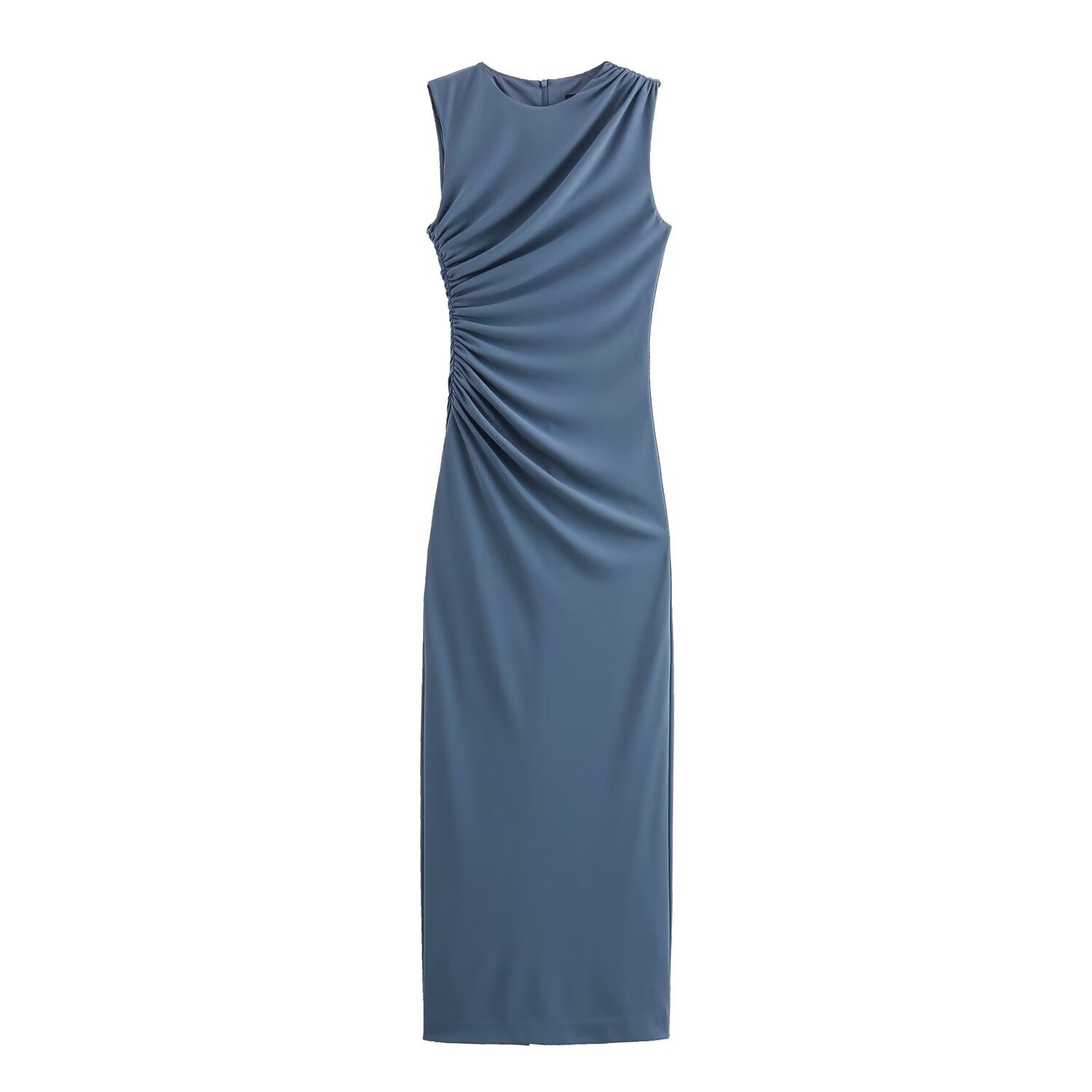 R&B | Einfarbiges Rundhalsausschnitt Ärmelloses Faltendes Slim Fit Kleid