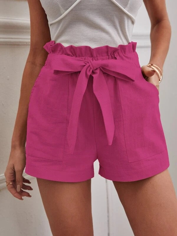 Damen kurze Lockere Leinenhose mit Bindegürtel R&B