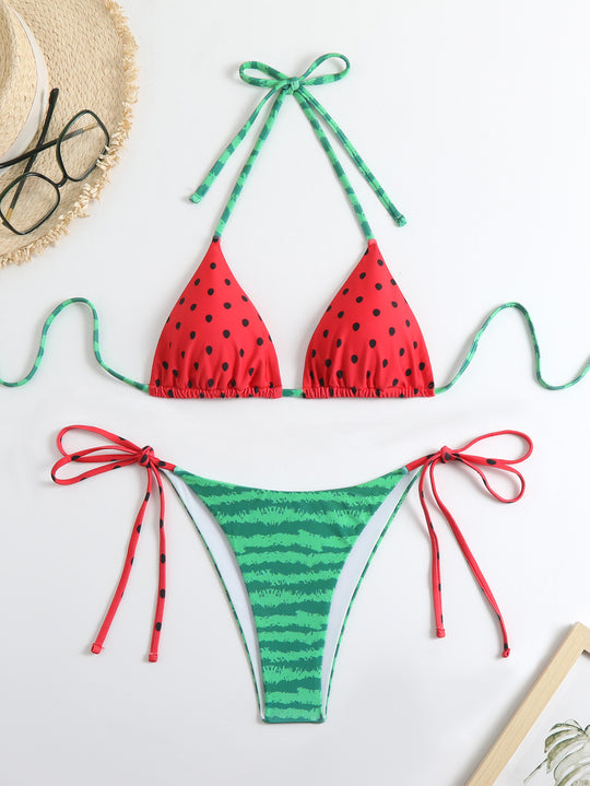 Damen Triangel-Bikini mit verspieltem Obstdesign und verstellbaren Trägern R&B