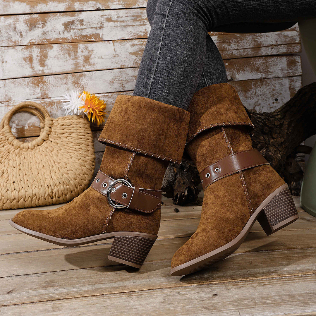 Damen modische Ankle-Boots mit breitem Umschlag und dekorativem Riemchen R&B