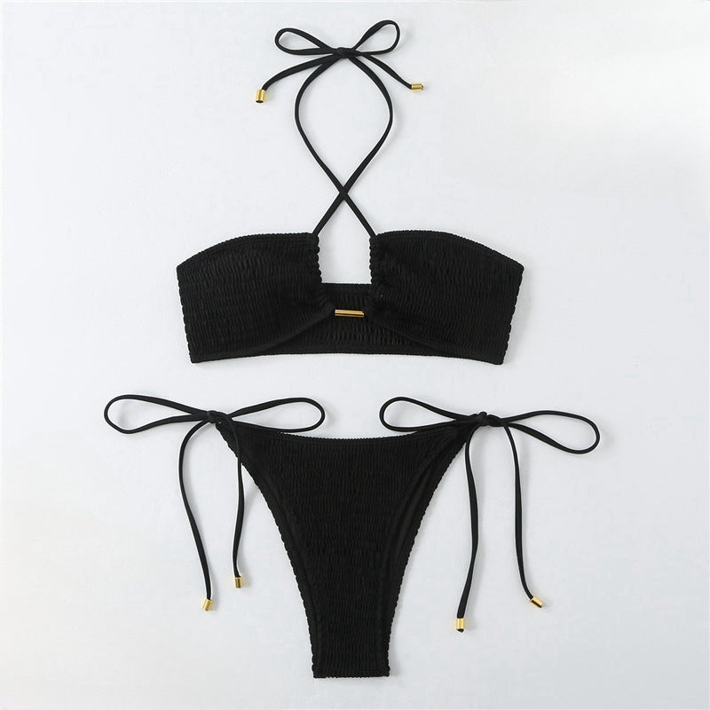 Damen Bikini-Set mit gerafftem Bandeau-Oberteil und hoch geschnittenen Höschen R&B