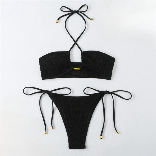 Damen Bikini-Set mit gerafftem Bandeau-Oberteil und hoch geschnittenen Höschen R&B