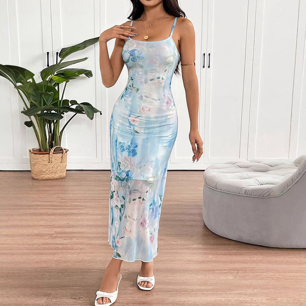 Damen fließendes Maxikleid mit Spaghettiträgern und floralem Druck R&B