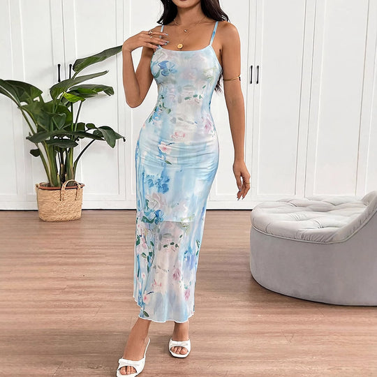 Damen fließendes Maxikleid mit Spaghettiträgern und floralem Druck R&B