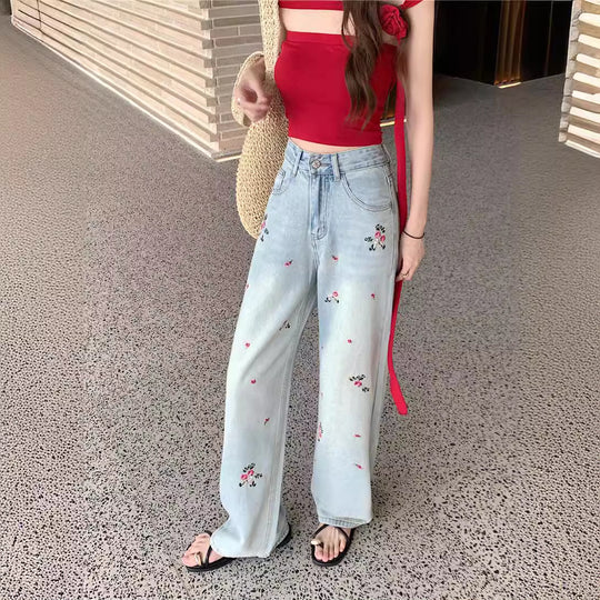 Damen Weite Jeanshose mit floralen Stickereien und hohem Bund R&B