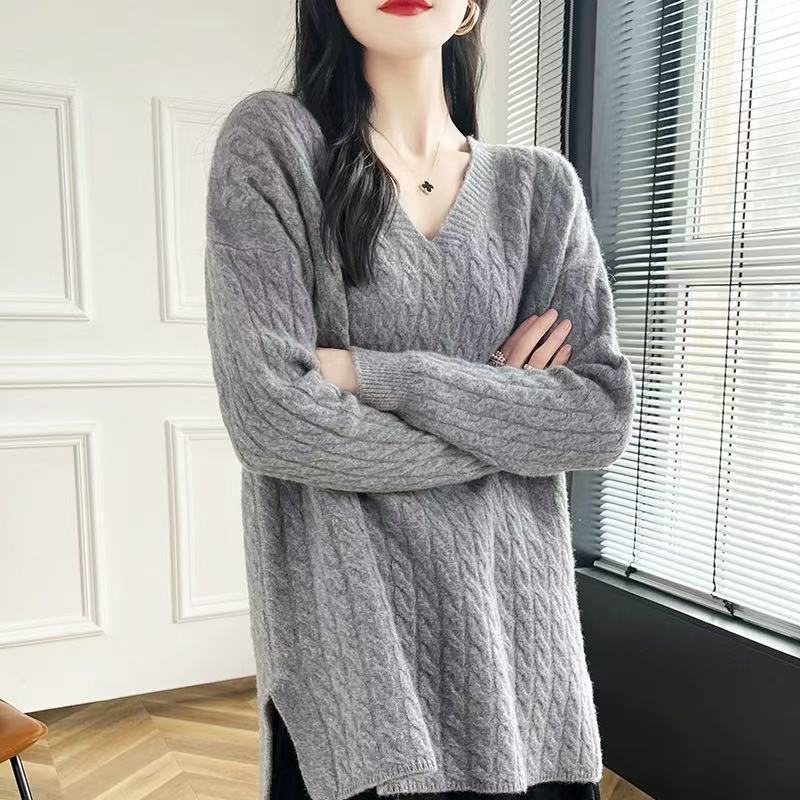 Damen Grobstrickpullover mit V-Ausschnitt und lässigem Schnitt R&B