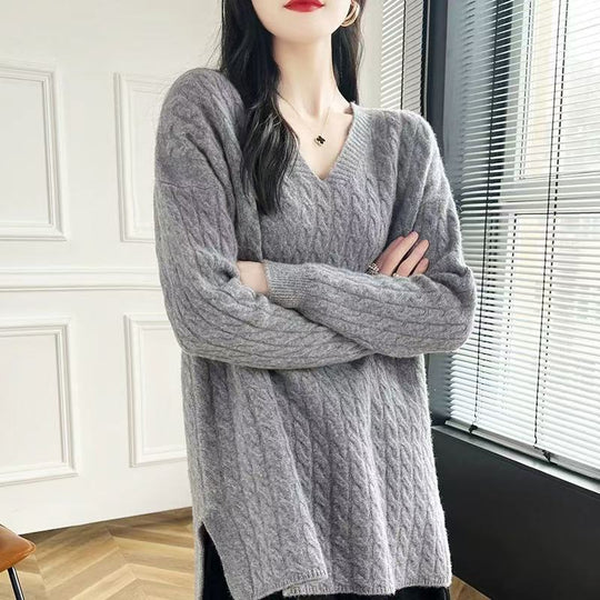 Damen Grobstrickpullover mit V-Ausschnitt und lässigem Schnitt R&B
