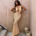 Damen Elegantes langes Spitzenkleid mit tiefem V-Ausschnitt und offenem Rücken R&B