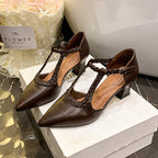 Damen elegante T-Strap Pumps mit geflochtenem Riemchen