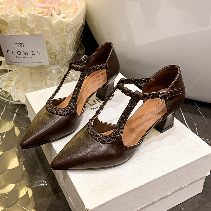 Damen elegante T-Strap Pumps mit geflochtenem Riemchen