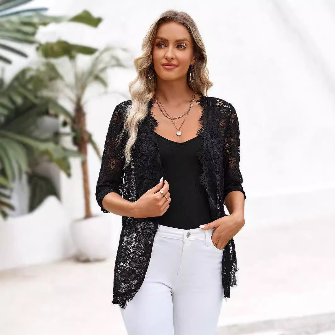 Damen Spitzencardigan mit romantischem Design und langem Arm R&B