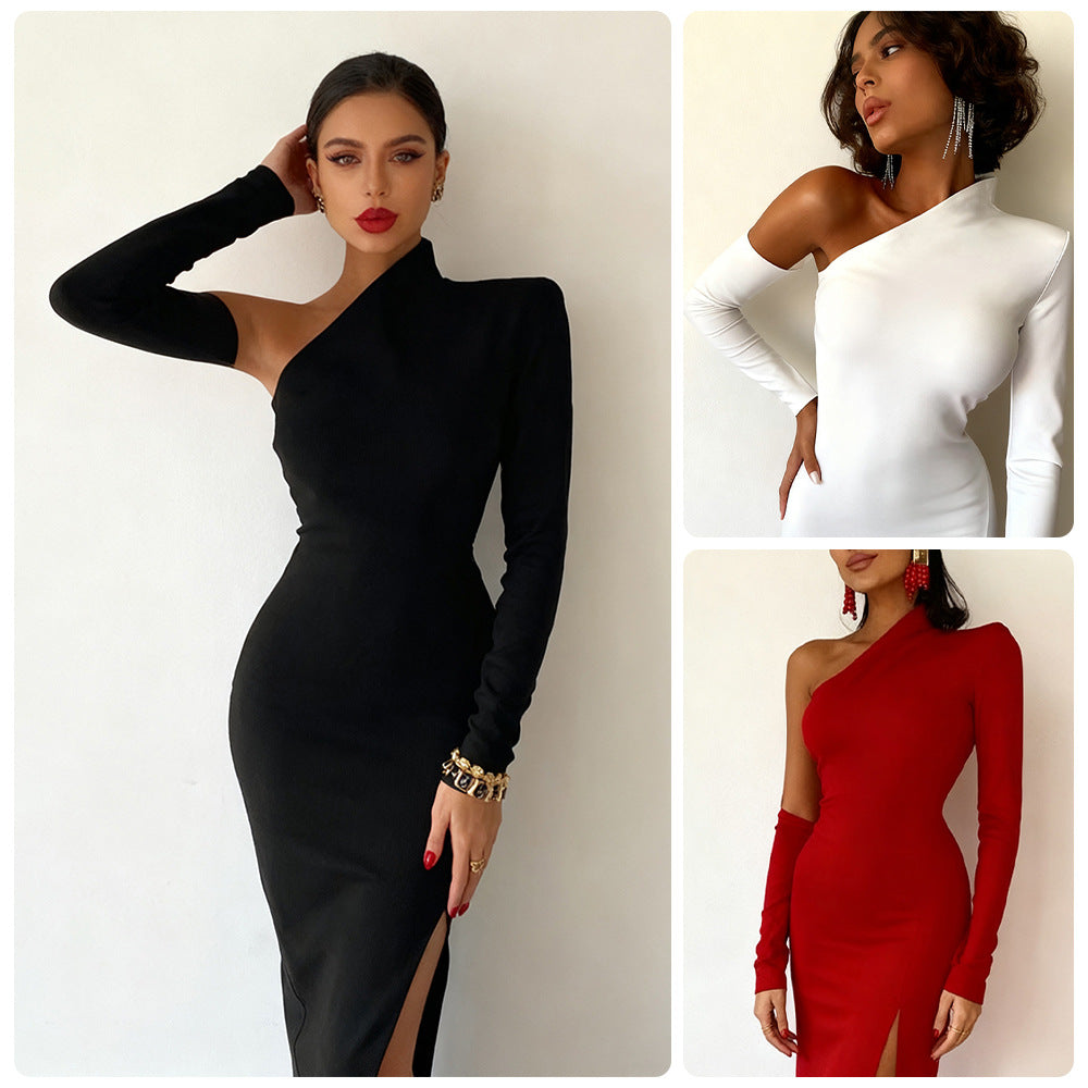 Damen Elegantes asymmetrisches Abendkleid mit hohem Schlitz und langem Arm R&B