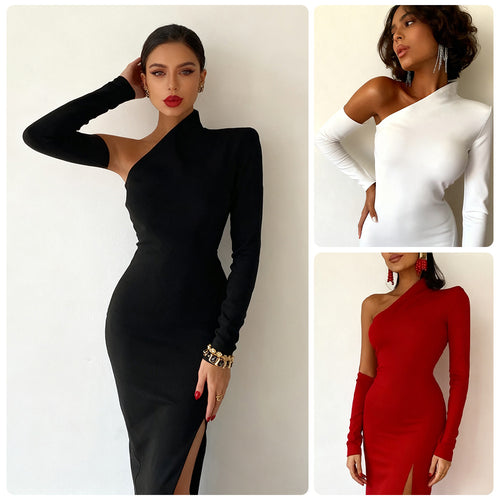 Damen Elegantes asymmetrisches Abendkleid mit hohem Schlitz und langem Arm R&B
