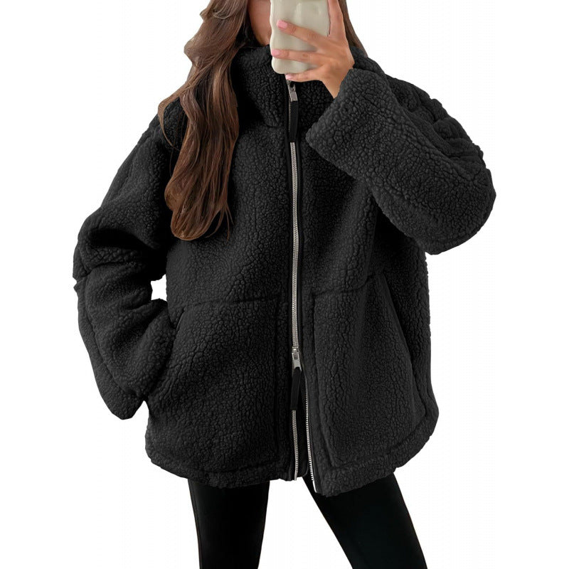 Damen Kuschelige Teddyfelljacke mit hohen Kragen und Reißverschluss R&B