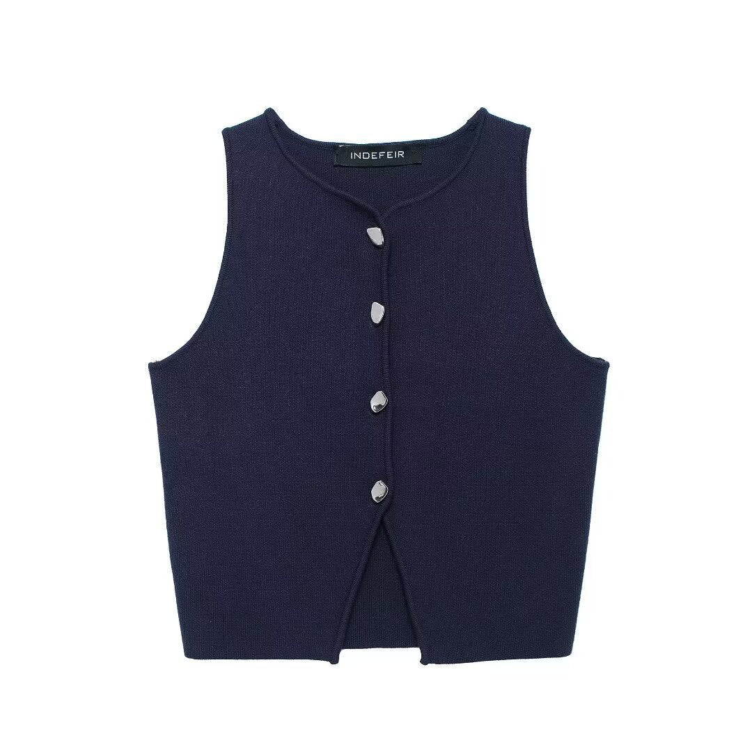 Damen ärmelloses Strickoberteil mit Knopfdetails R&B