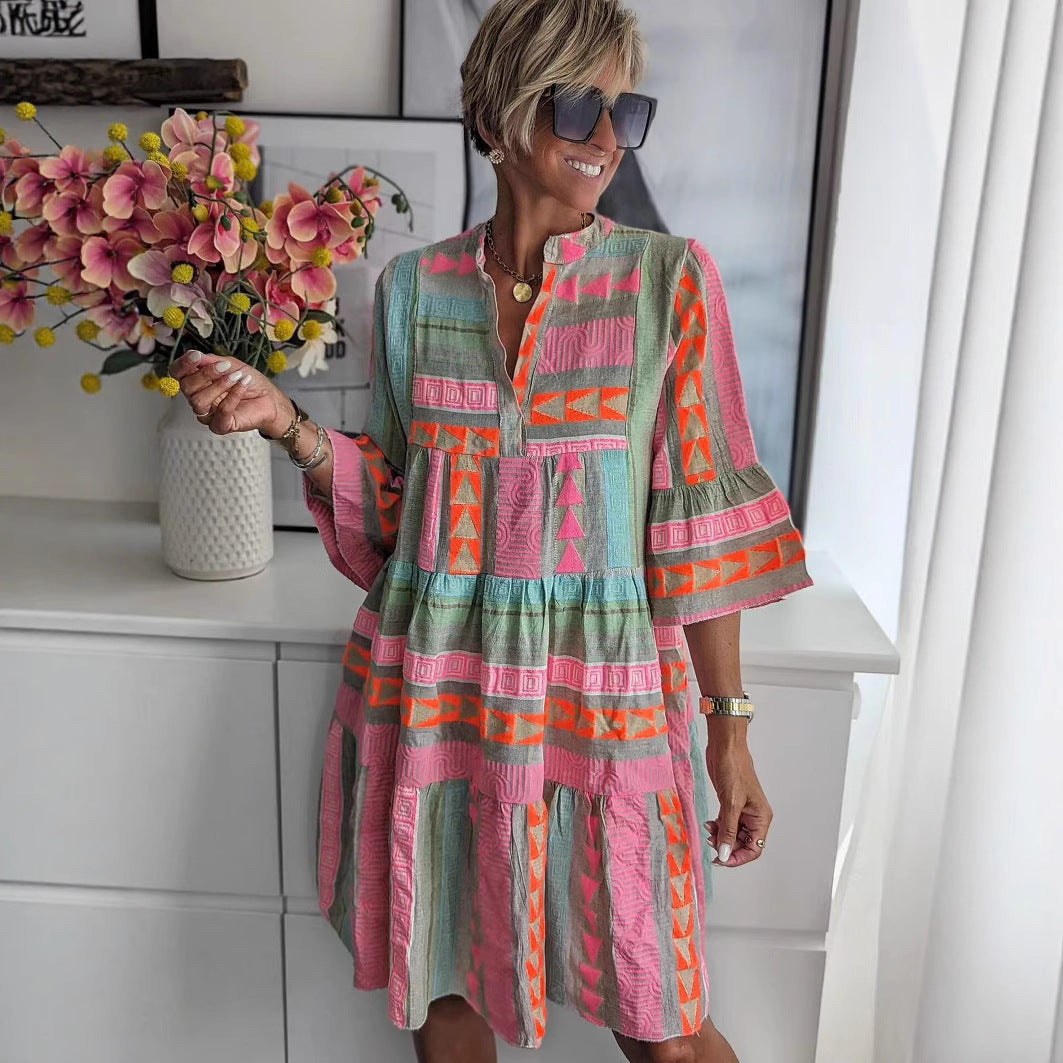 Damen luftiges Boho-Kleid mit eingewR&Bten Mustern und kurzen Ärmeln R&B