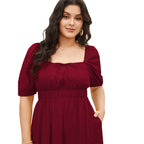 Damen elegantes Midikleid mit modischen Puffärmeln und Taillenschnürung R&B