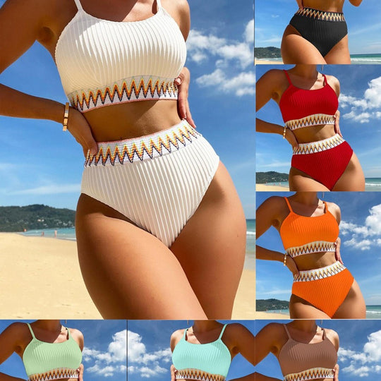 Damen Hochtailliertes Bikini-Set mit modischem Rippdesign und buntem Akzent R&B