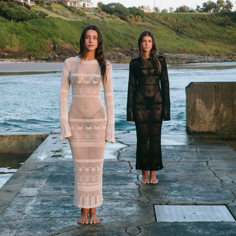 Damen Häkel-Strandkleid mit langem Schnitt und Boxermuster R&B