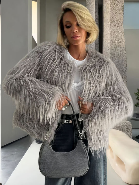 Damen Modische Kunstpelzjacke mit voluminösen Ärmeln R&B