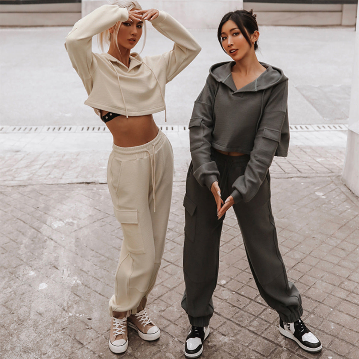 Damen nan Cropped Kapuzenpullover mit Highwaist Cargo-Joggingshose Set R&B
