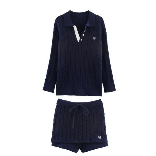 Damen Strick-Pyjama-Set mit klassischem Muster und elegantem Kragen R&B