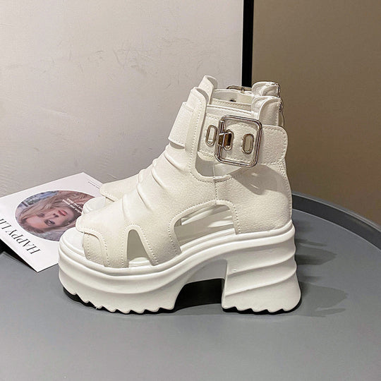 Damen nan Plateau-Sandaletten-Stiefelette mit Aussparungen offener Zehenpartie und verstellbarer Metallschnalle R&B