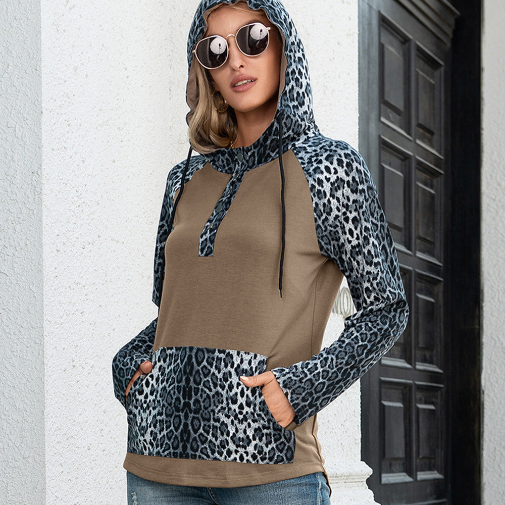 Damen Kapuzenpullover mit Leopardenmuster und Kängurutasche R&B