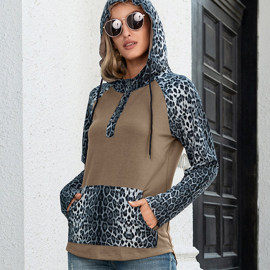 Damen Kapuzenpullover mit Leopardenmuster und Kängurutasche R&B