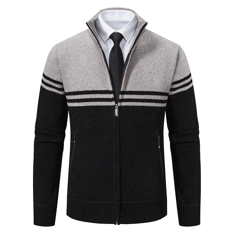 Herren sportliche und modische Strickjacke mit Reißverschluss und kontrastierenden Streifen R&B