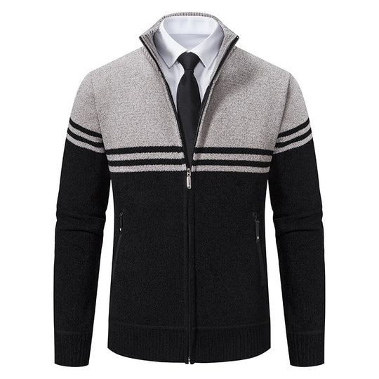 Herren sportliche und modische Strickjacke mit Reißverschluss und kontrastierenden Streifen R&B