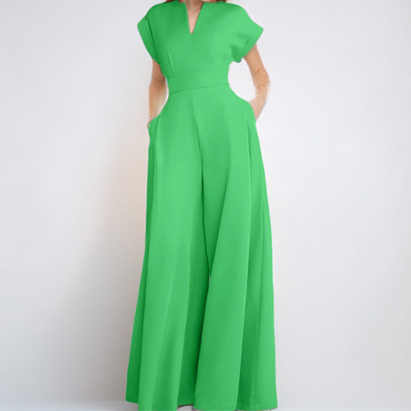 Damen Eleganter Jumpsuit mit Weitem Bein und Schalkragen R&B
