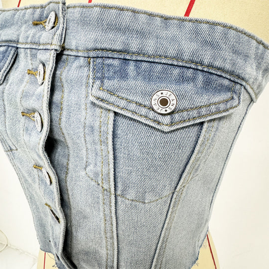 Damen Denim Bustier-Top mit Knopfleiste und figurbetontem Schnitt R&B