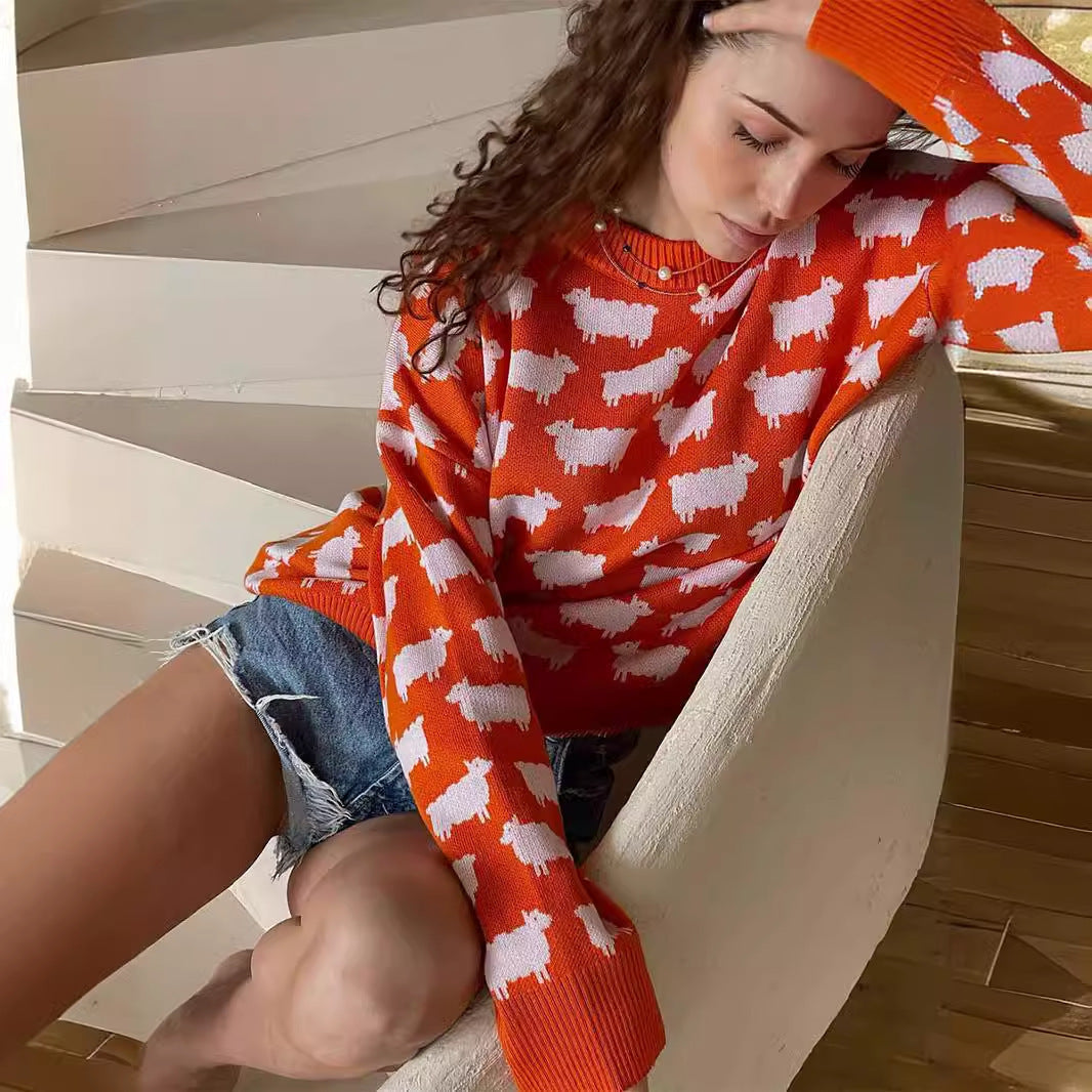 Damen Gemusterter Strickpullover mit Schafmotiven R&B